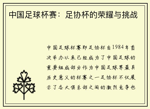 中国足球杯赛：足协杯的荣耀与挑战