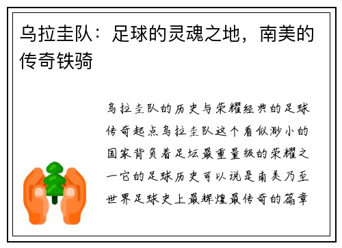 乌拉圭队：足球的灵魂之地，南美的传奇铁骑