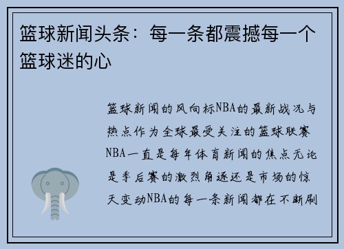 篮球新闻头条：每一条都震撼每一个篮球迷的心